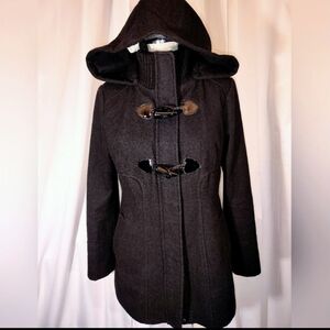 Guess Wool Pea Coat, Women Hooded, Black ButtonUp Pockets, Collar, Lining, S/M